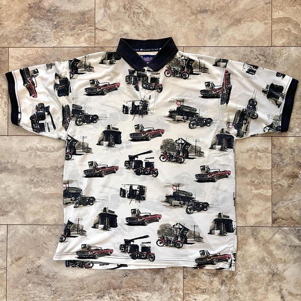 Island 2 Island Hawaiian Polo Shirt Sz L Cars Service Station W. R. Gass AOP